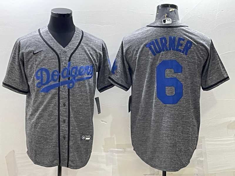 Men%27s Los Angeles Dodgers #6 Trea Turner Grey Gridiron Cool Base Stitched Baseball Jersey